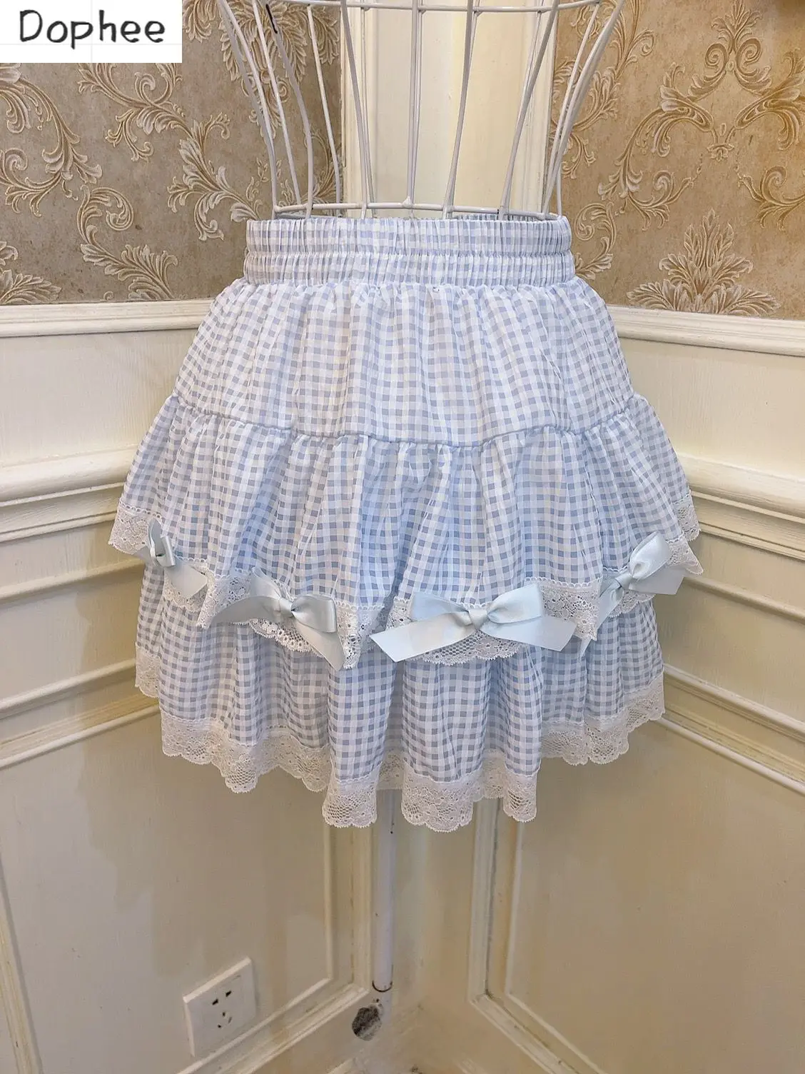 

Dophee Cute Grils Age Reduction JK Plaid Fluffy Cake Skirts Women Elastic High Waist Patchwork Lace Princess Shorts Skirts