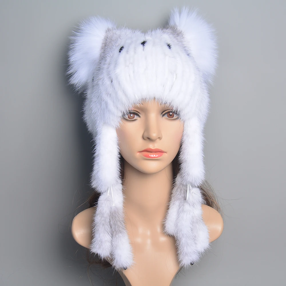 Hats For Women Natural Mink Fur Tails Earflap Winter Bomber Hat Women Real Fur Knitted Beanie Hat