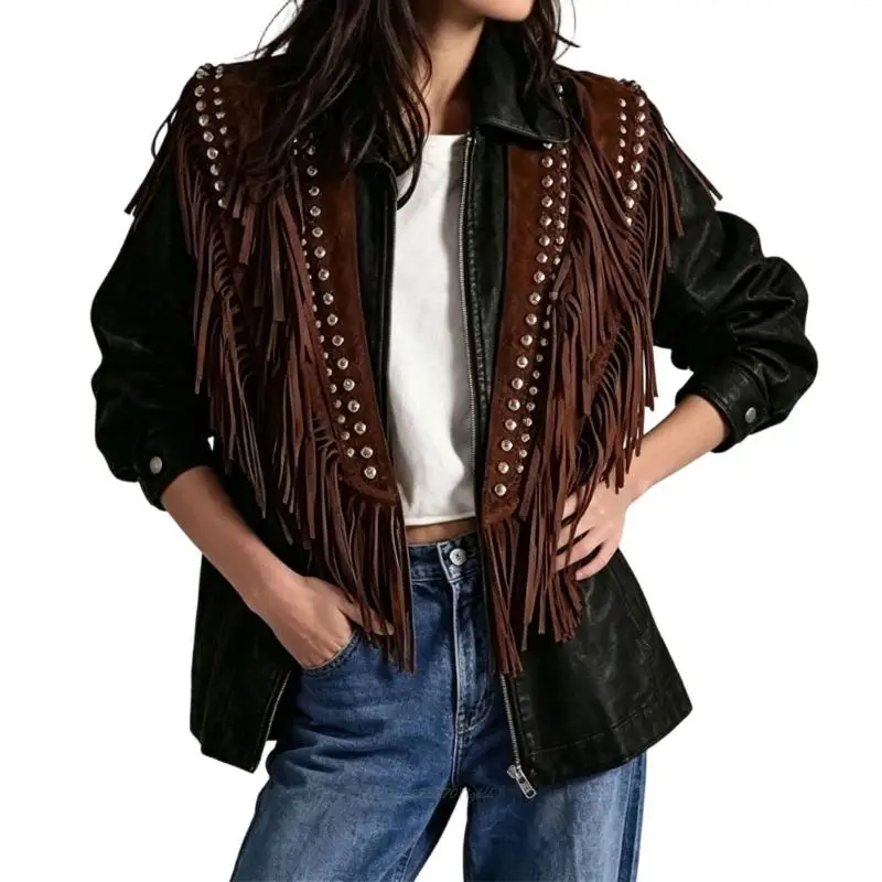 X5XA Women's Sleeveless Open-Front Vest Ponchos Collar with Long Fringe Trim Detail