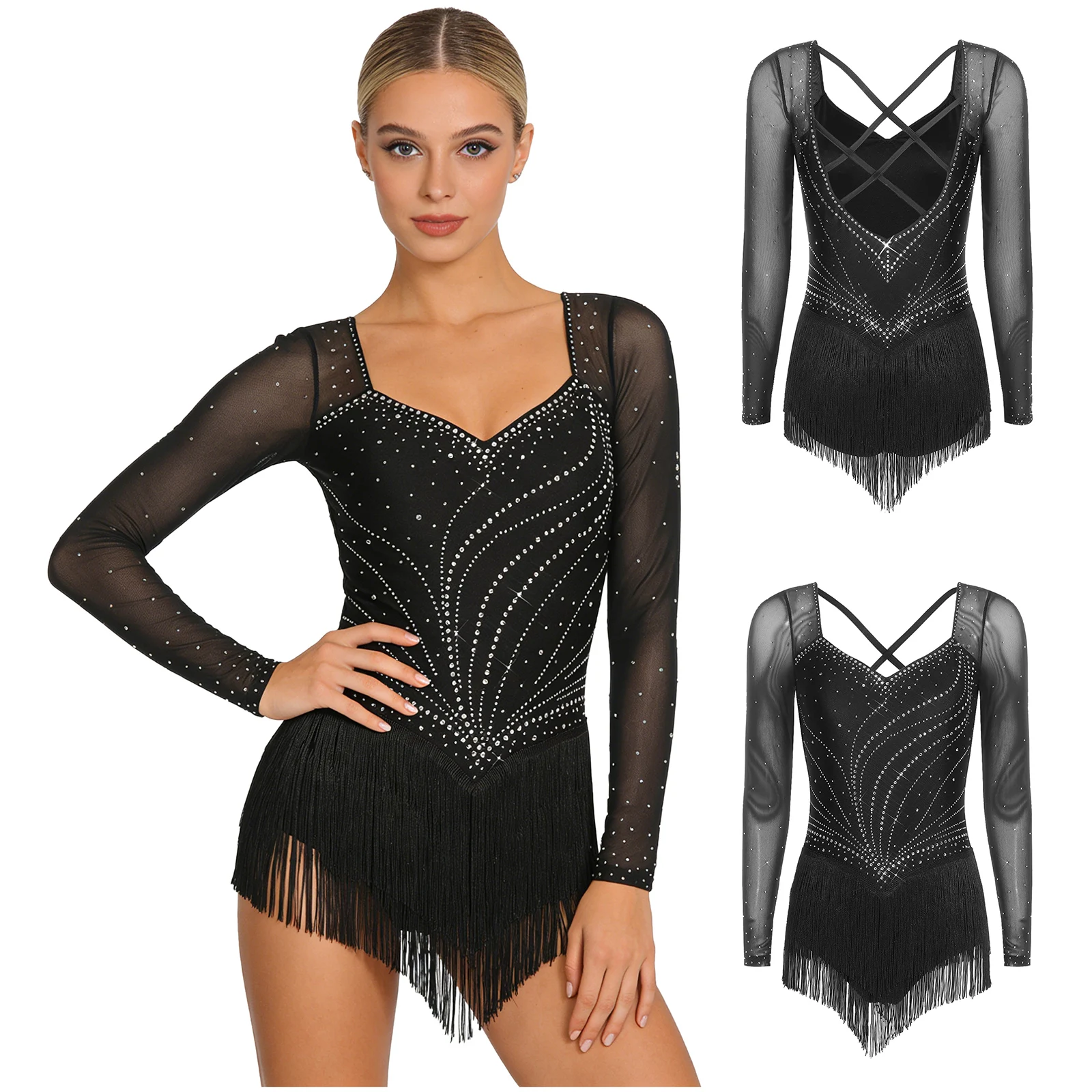 

Женский латиноамериканский танцевальный костюм для лирического танца, ча-ча, вальса, с длинными рукавами, многоярусными оборками и бахромой, для фигурного катания, танго, румбы