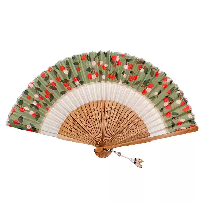الصغيرة الطازجة مزدوجة مهرجان الشيفون الصيف بارد المرأة المحمولة مروحة قابلة للطي الصينية مروحة زي العشب الكرز الأخضر #3