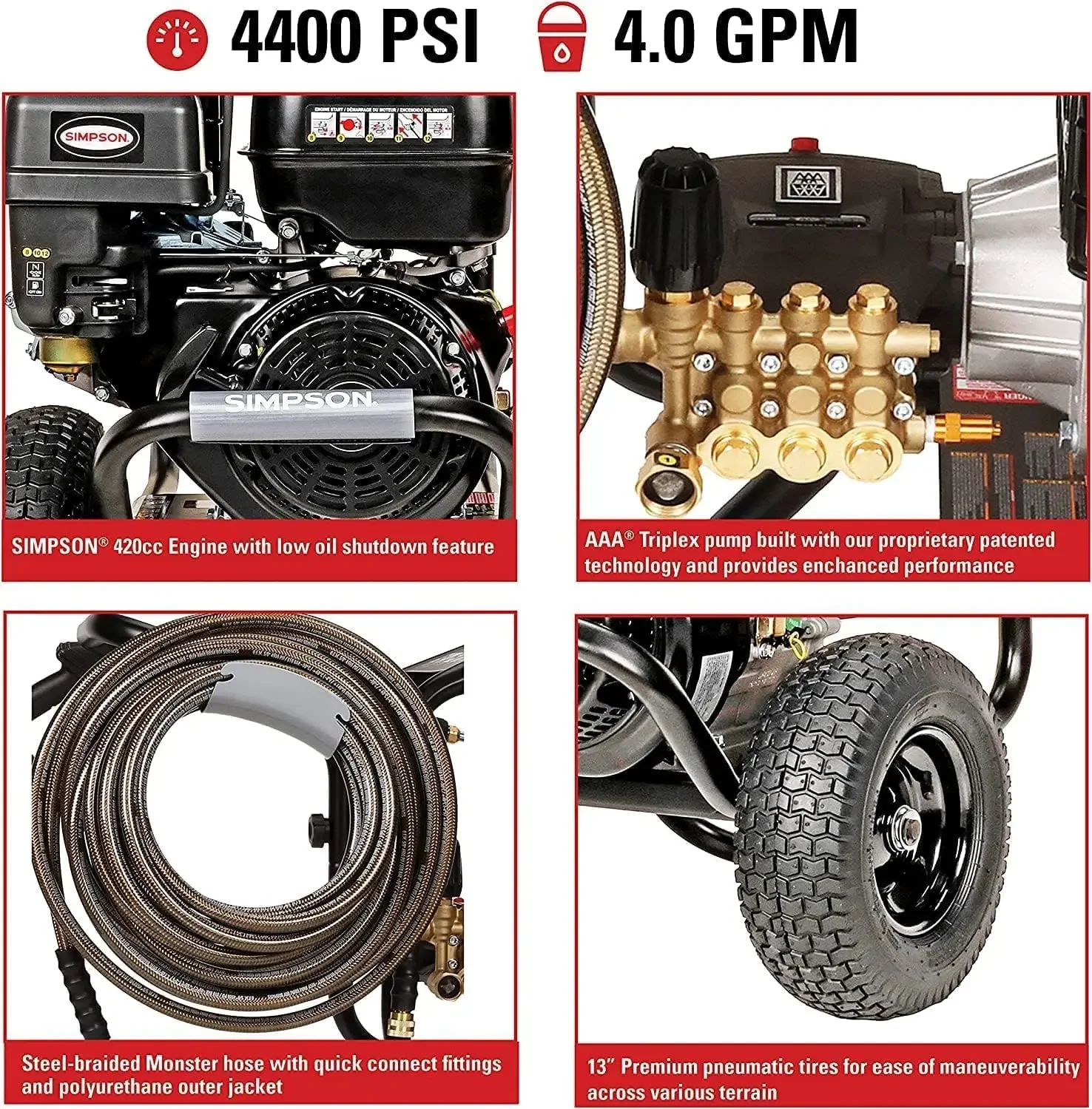 SIMPSON Books-Nettoyeur haute pression à gaz PS60843 PowerShot, 4400 PSI, 4.0 GPM, moteur CRX 420cc, odorde pulvérisation inclus, baguette d'extension