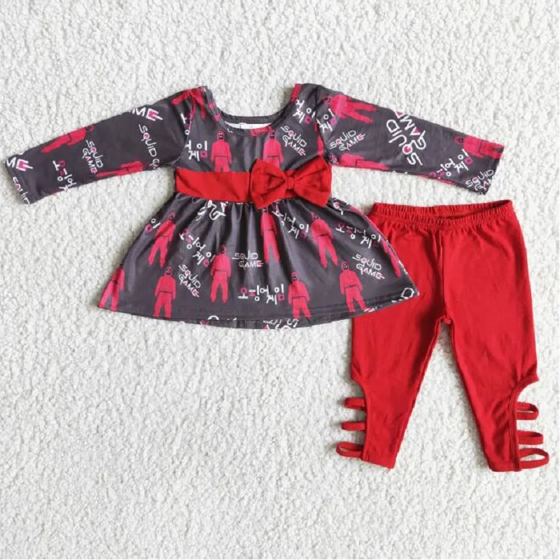 

New Spring and Autumn fashion Bow Knot Long Sleeve Top Red Tie Pants Set Boutique baby girls long sleeve outfits