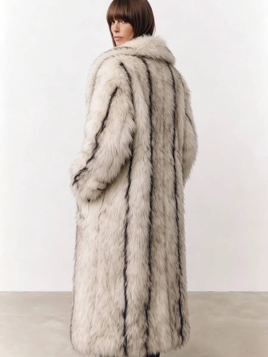PUAL  Women Long Faux Fur Coat, Lapel Collar Drawstring Waist Warm Loose Winter Maxi Outerwear With Pockets
