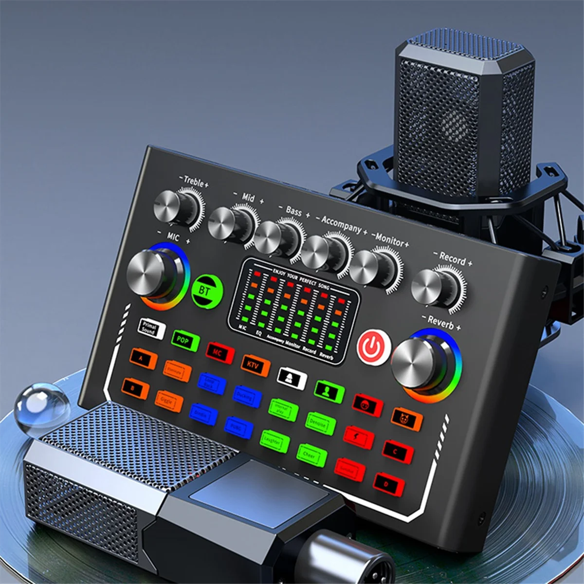 F009 Audio Mixer Live Sound Card with DJ Mixer Effects and Studio Equipment Voice Changer Podcast Production