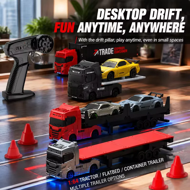 1/64 Mini Desktop Remote Control Car Road Container Truck Trailer Construction Engineer Alloy Car Boys' Day Gift Drift Toy Car
