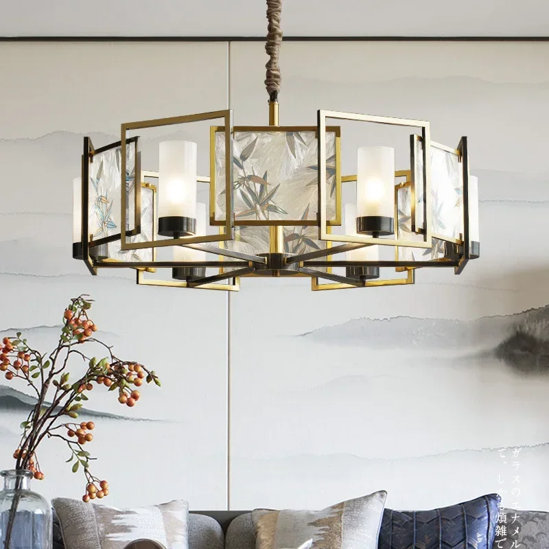 New Chinese-Style All-Copper Living Room Chandelier Bedroom Dining Room Study Lamp Art Retro Zen Enamel Chinese Style Lamps