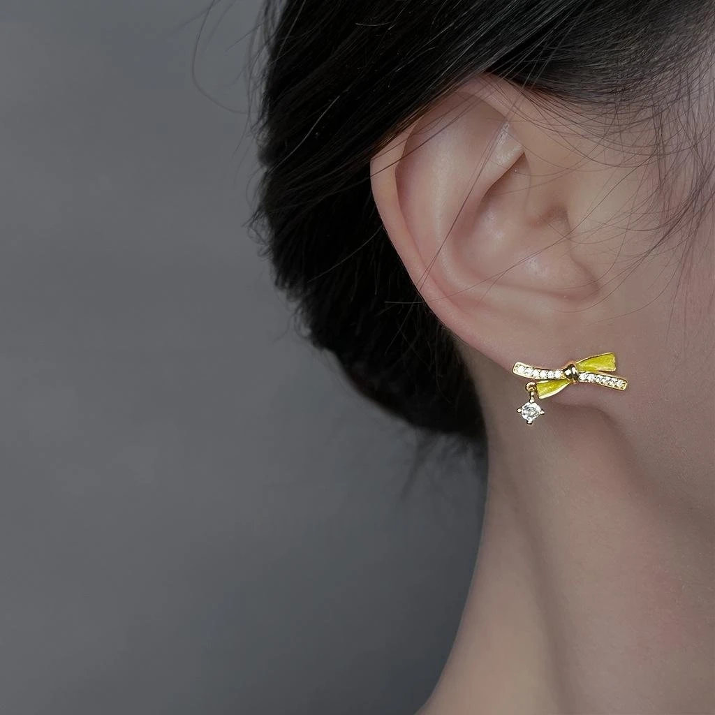 Dainty Green Enamel Bow Earrings 14K Gold Plated Shiny Mini Zircon Drop Stud Earrings Sweet Women Daily Jewelry