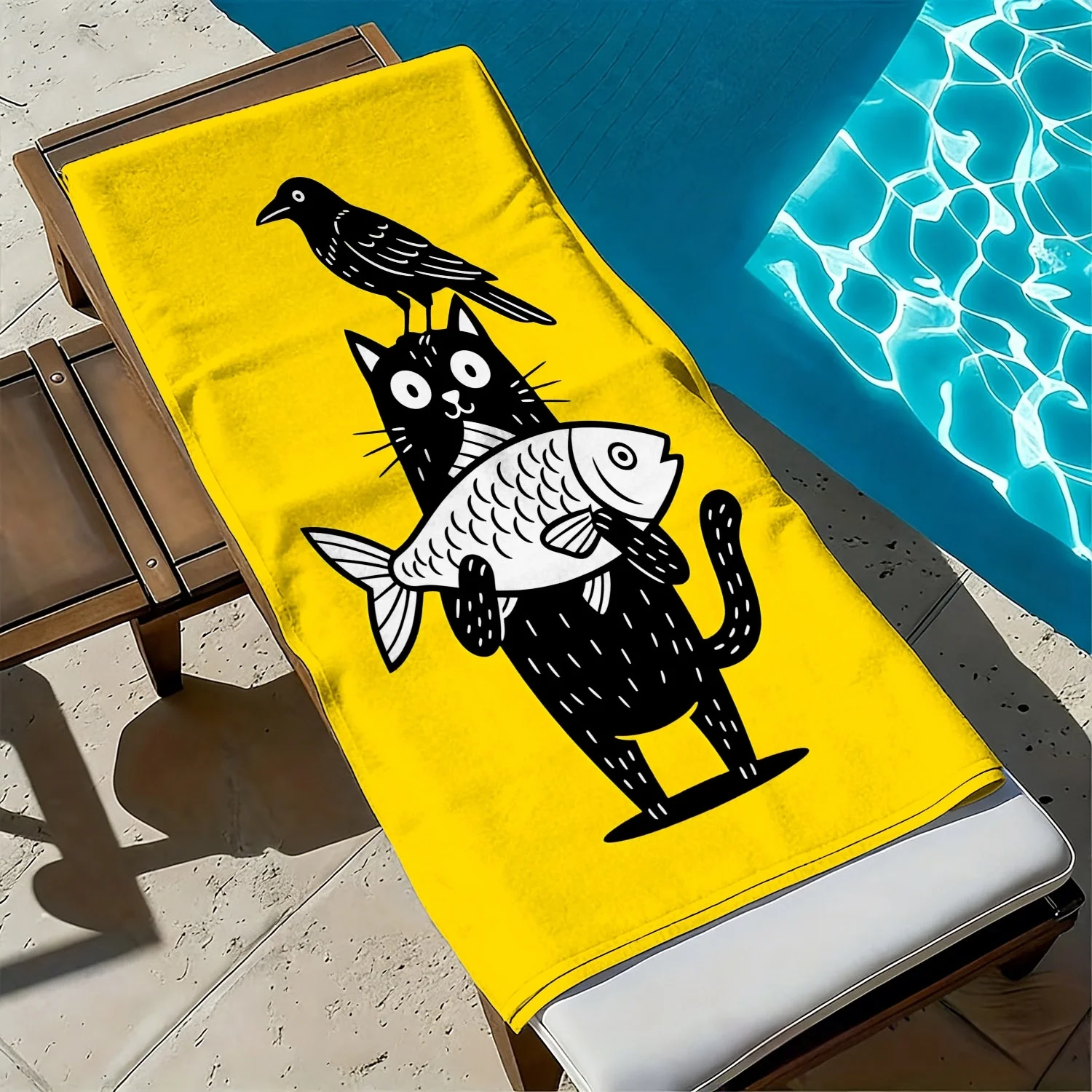 Cartoon cat and crow fish pattern polyester microfiber beach towel is highly absorbent, suitable for swimming and beach outings
