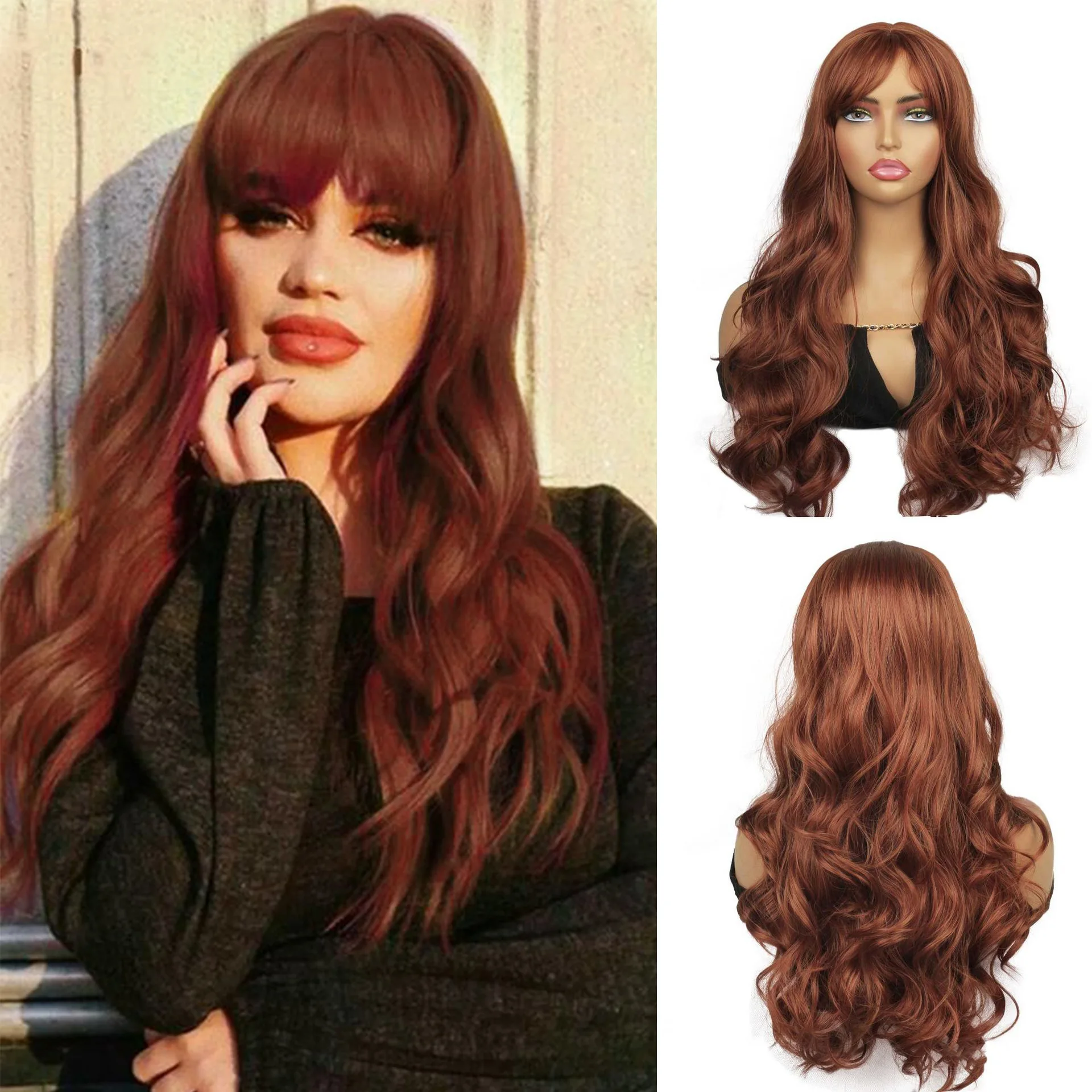 

Long Curly Auburn Wig for Stylish Appeal Stunning Body Wave Wig with Bangs Natural Synthetic Hairstyles for Women Cosplay Daily