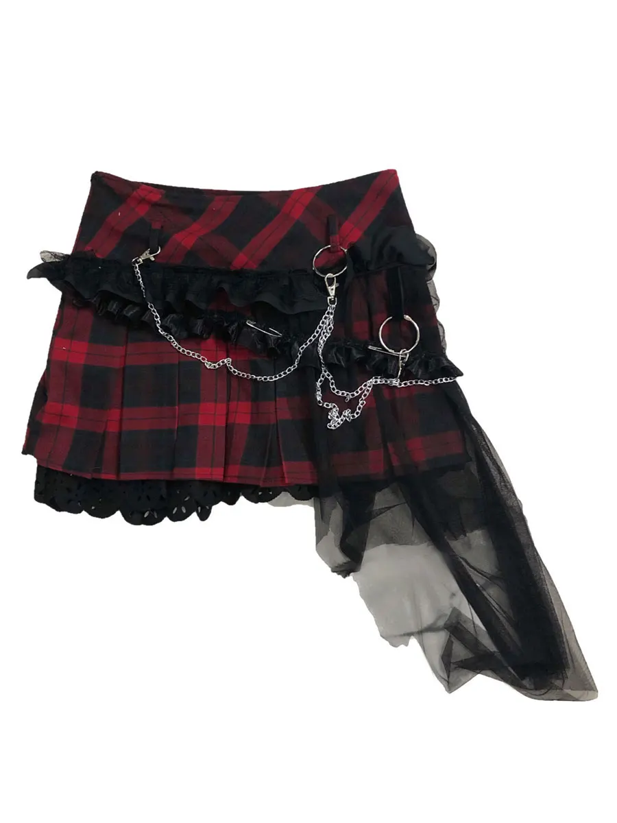 

Punk Style Women Skirt Black Plaid Layered Ruffles Metal Details Assymmetrical Lolita Skirt