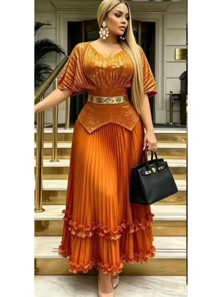 Miyake Pleated Bronzing V-neck Top + Half-body Pendulum Dress Fashion Two-piece Women's Clothing 2026 New
