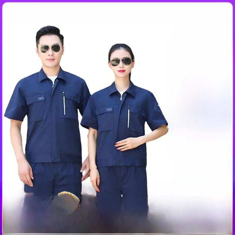 

Летний комфортный рабочий костюм с коротким рукавом из хлопка и полиэстера с флокированием, для защиты труда, настраиваемый, для ремонта оборудования