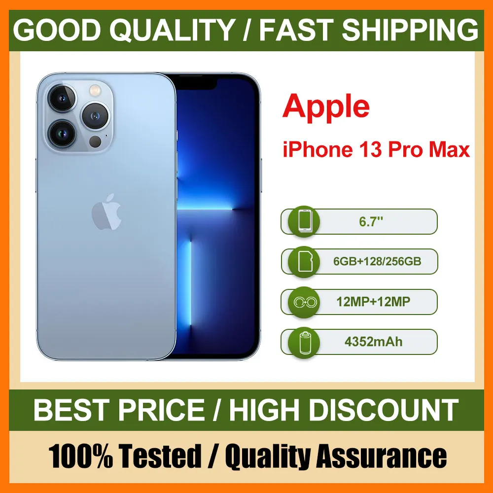 هاتف Apple iPhone 13 Pro Max الأصلي المستعمل مع معرف الوجه 6.1 بوصة 128/256 جيجابايت ROM 12 ميجابكسل IOS كاميرا هواتف ذكية سداسية النواة