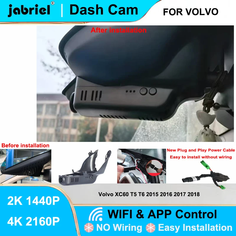 

Видеорегистратор Jabriel для Volvo XC60 T5 T6 2015-2018: передняя и задняя камеры, 2K/4K, Wi-Fi, Plug and Play