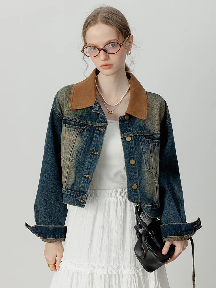 

EGGKA Ретро джинсовый синий лоскутный замшевый воротник Long Sve ort Jaet Корейская универсальная хлопковая женская верхняя одежда