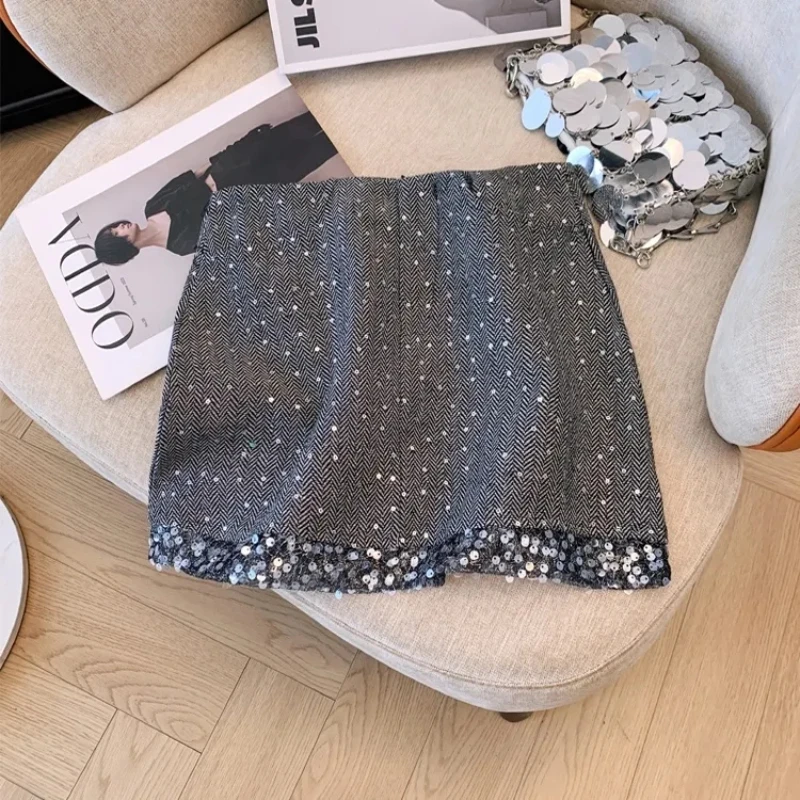 

Женская мини-юбка с блестками, весна 202, облегающая юбка трапециевидной формы на молнии с высокой талией, корейская мода, универсальные юбки Faldas