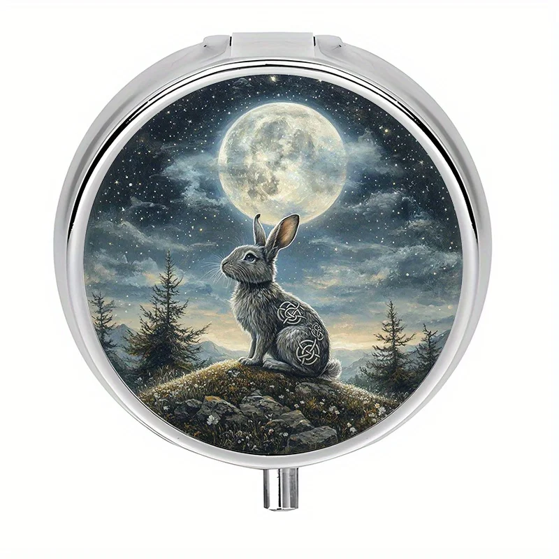 Single-piece, flat, round three-compartment pill box, designed with a moonlight rabbit Celtic knot circular pattern, metal flip-top pill box, soft and non-glare, can be used as a unique gift or birthday present, made of metal