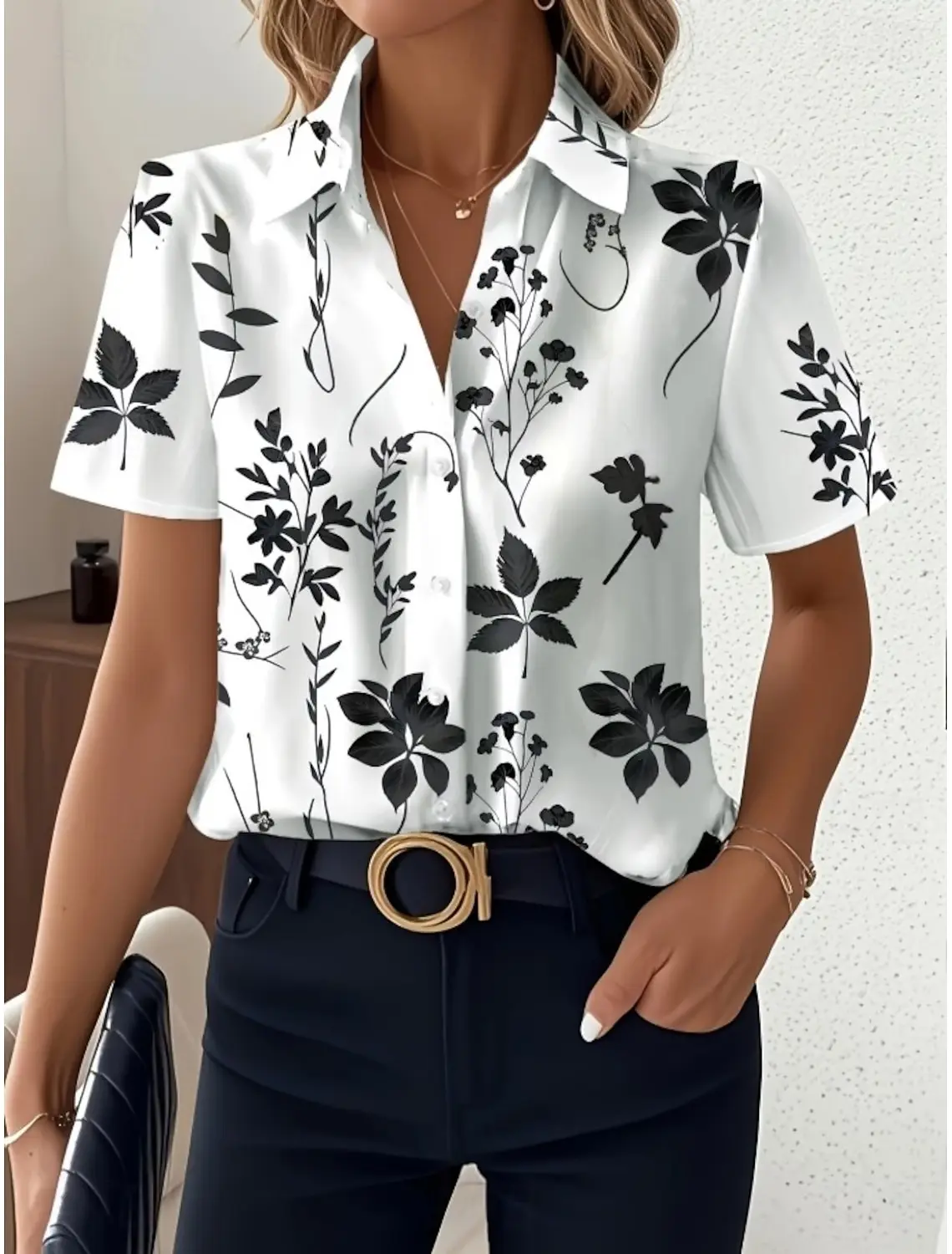 

Женская черно-белая рубашка с ботаническим принтом, с отложным воротником, коротким рукавом, на пуговицах, повседневная, для лета, работы, путешествий, на каждый день