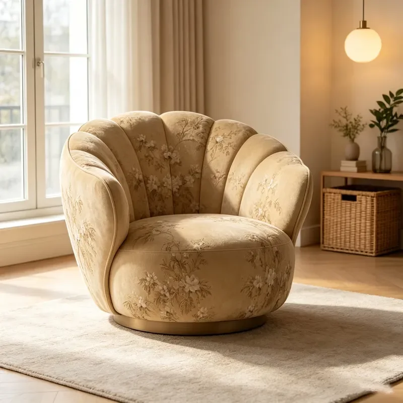Deluxe Petal Shaped Decorative Chair Retro Floral Pattern Fabric Single Sofa Leisure Recliner for Living Room and Bedroom