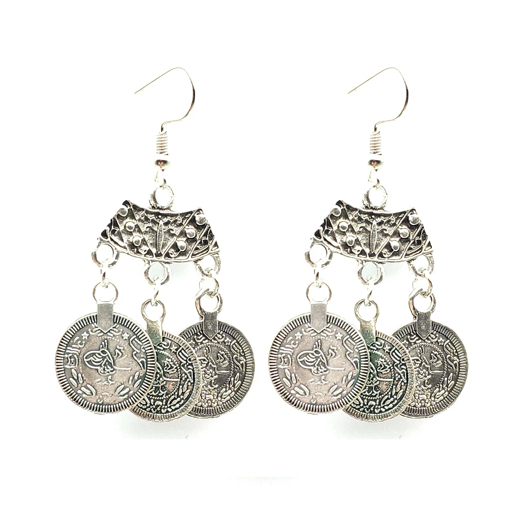 Vintage Silvery Carve Coins Pendant Earrings for Women Simple Boho Ethnic Turkish Afghan Pakistan Earrings Jewelry Accessories