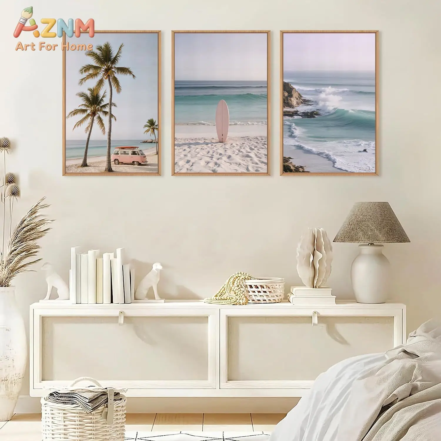 AZNM 3PCS Pastel Beach Surf Canvas Wall Art Prints, Coastal Palm Tree Van and Ocean Wave Wall Decor, Minimalist Tropical Artwork