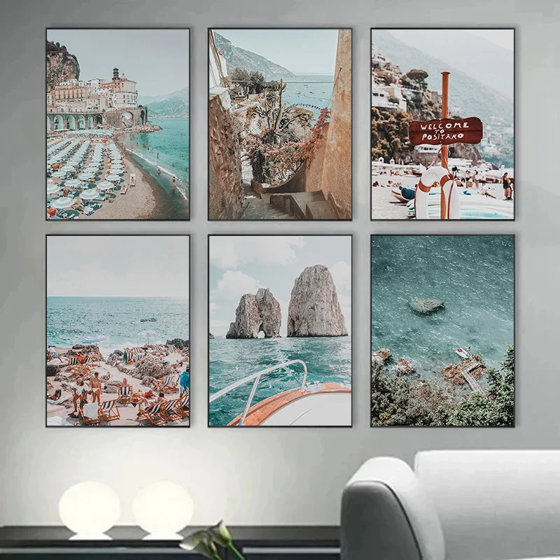 Impresión de póster de vacaciones de playa, Costa de viaje, Mediterráneo, imágenes artísticas de pared, pintura en lienzo, sala de estar, dormitorio, decoración del hogar