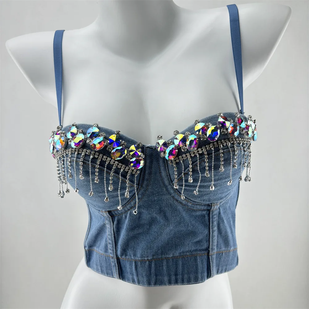 Cowboy Chain Beaded Tassel Bustier Female Spicy Girl Waist Thin Halter Undershirt Nightclub Stage Sexy Tops