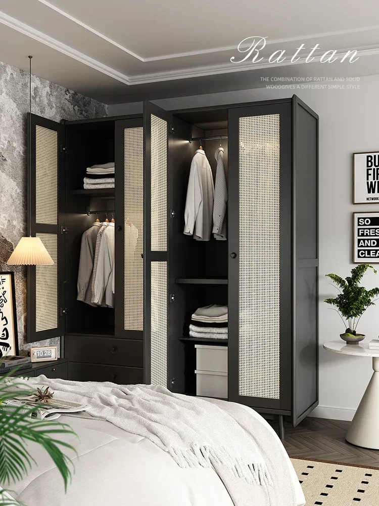 Nordic solid wood wardrobe Modern simple home bedroom wabi-Sabi vintage black rattan wardrobe with lights