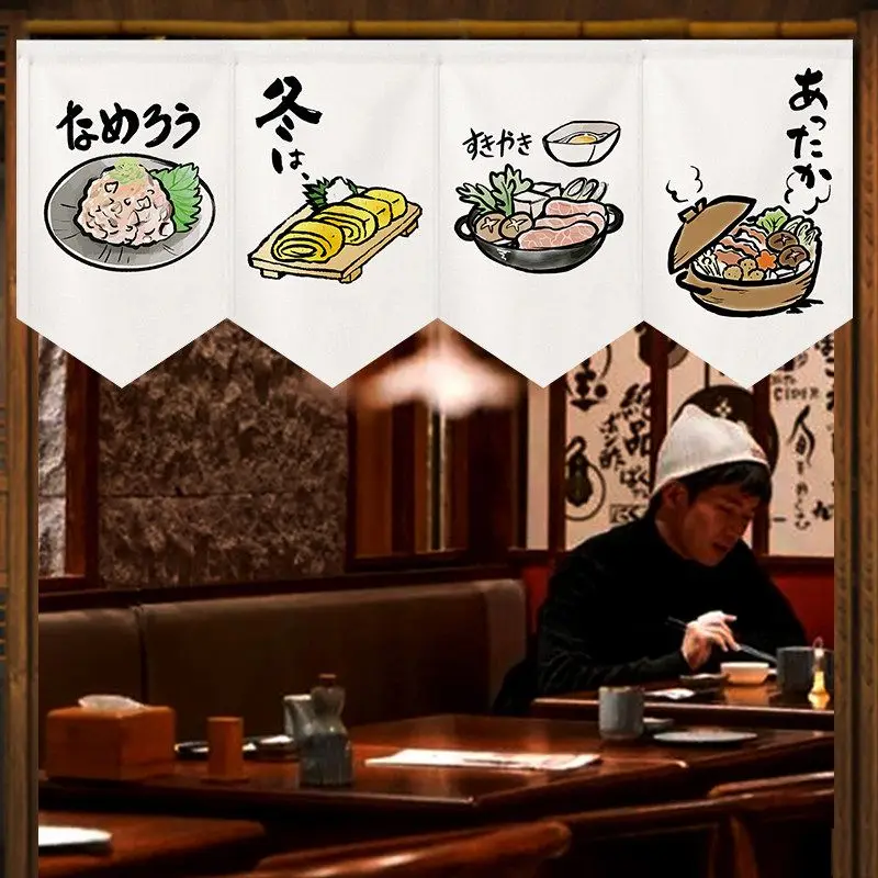 VIKAMA Japanese Triangle Noren Banner Curtain Traditional Food Print Izakaya Restaurant Storefront Hanging Window Decor Flag