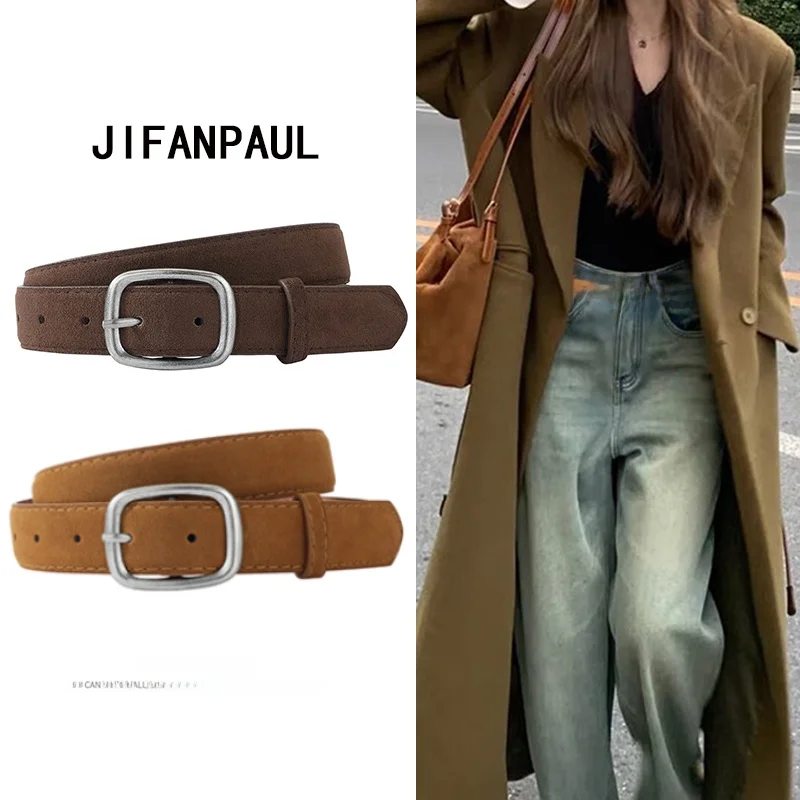 Authentic Women's Suede Belt Vintage Silver Needle Buckle Casual Fashion High-End Feel New Style Jeans Belt Leather Accessory