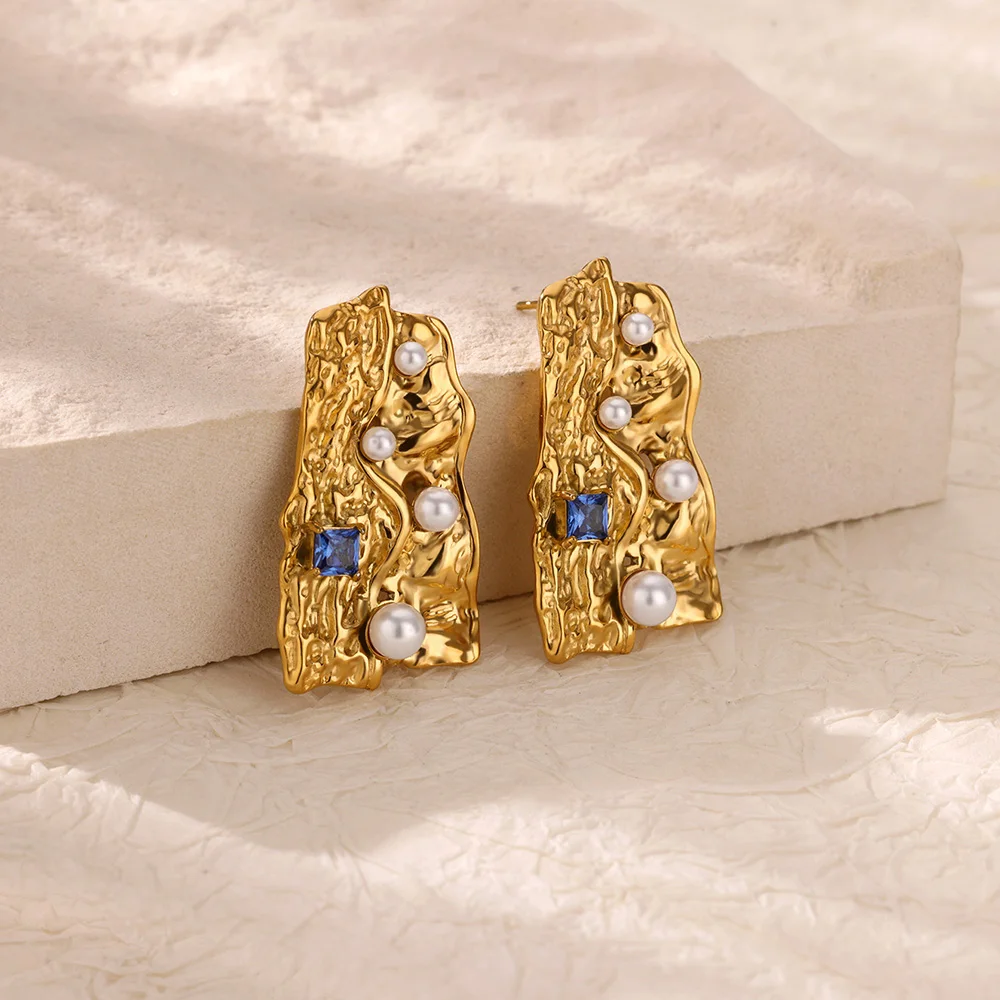 Vintage Blue Zircon Textured Stainless Steel Earrings Women 18K Gold-plated Artificial Pearl Earring Chunky Jewelry Accessories