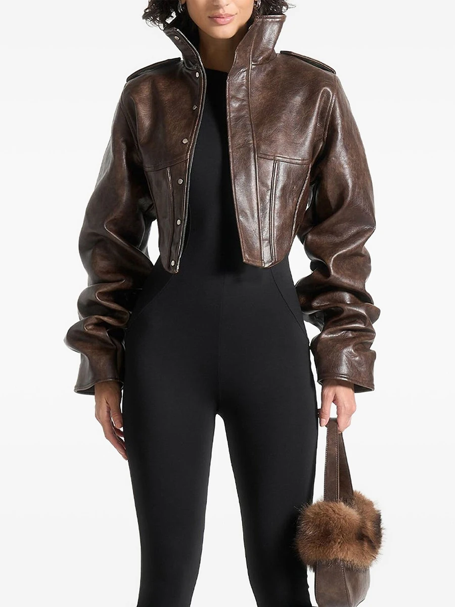 TWOTWINSTYLE Biker Faux Leather Cropped Jacket for Women Corset Seam Solid High Collar Epaulet Zipper Irregular Hem Outerwear