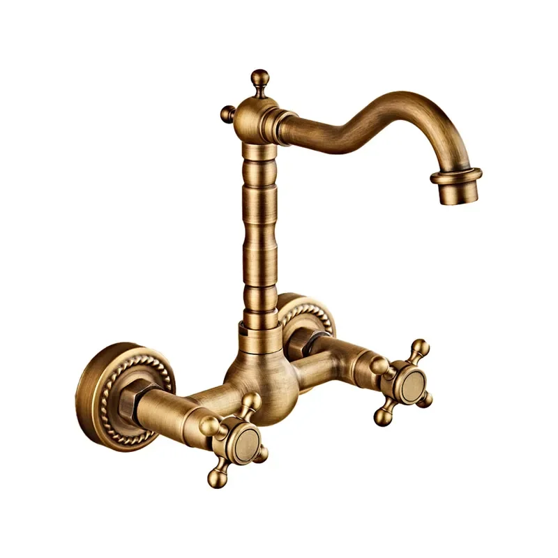 All‑Copper Gold Double‑Handle Wall‑Mounted Basin Faucet, Hot & Cold Double Hole Sink Mixer Tap For Wholesale Bathroom Home Decor