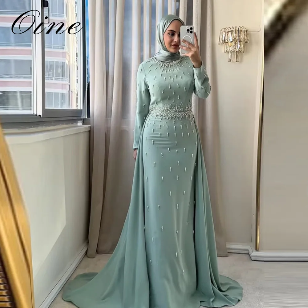 Oine Customized Luxury Beaded robes de soirée Long Sleeves Trailing Satin Evening Dresses Floor-Length Muslim Prom Dress 2027