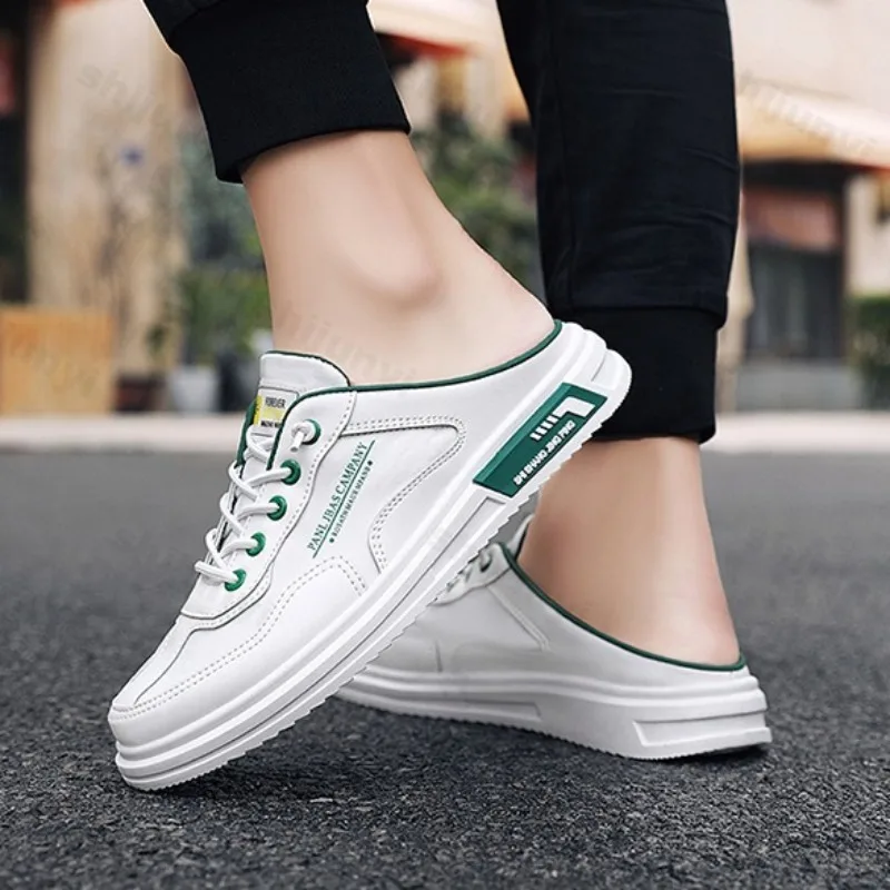 

2025 летние мужские тапочки, удобная нескользящая модная повседневная обувь, роскошные легкие уличные мужские полутапочки из искусственной кожи