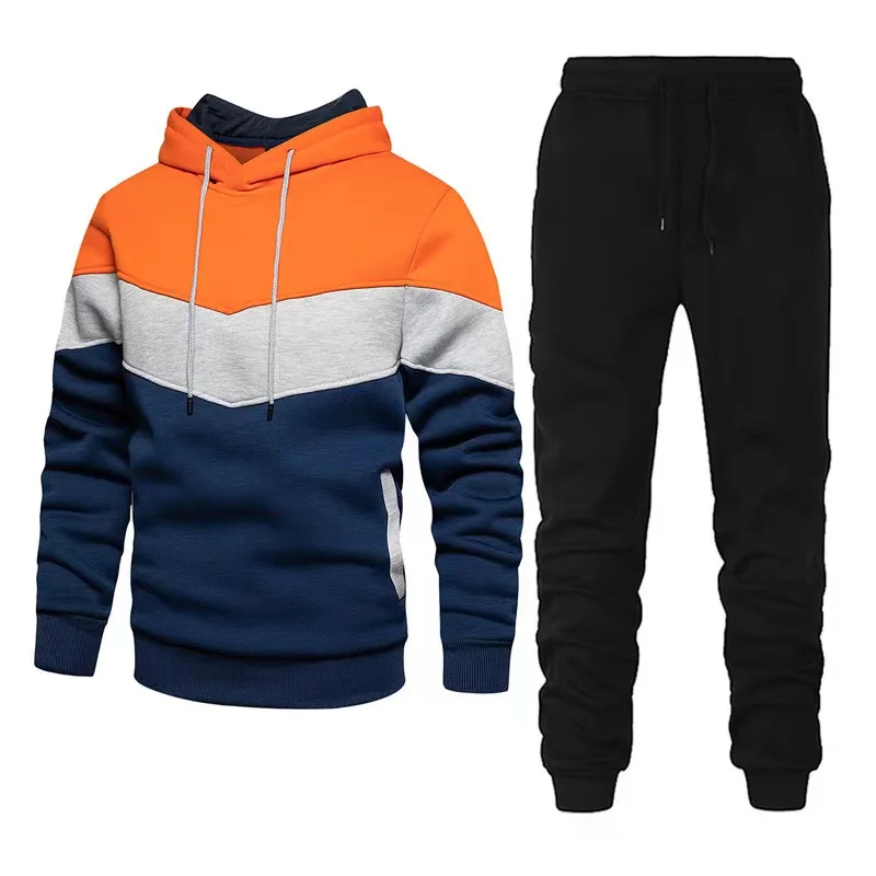 2024 Foreign Trade Men\'s Sports Suit Fashion Casual Spring and Fall Splice hooded hoodies long pants two-piece set