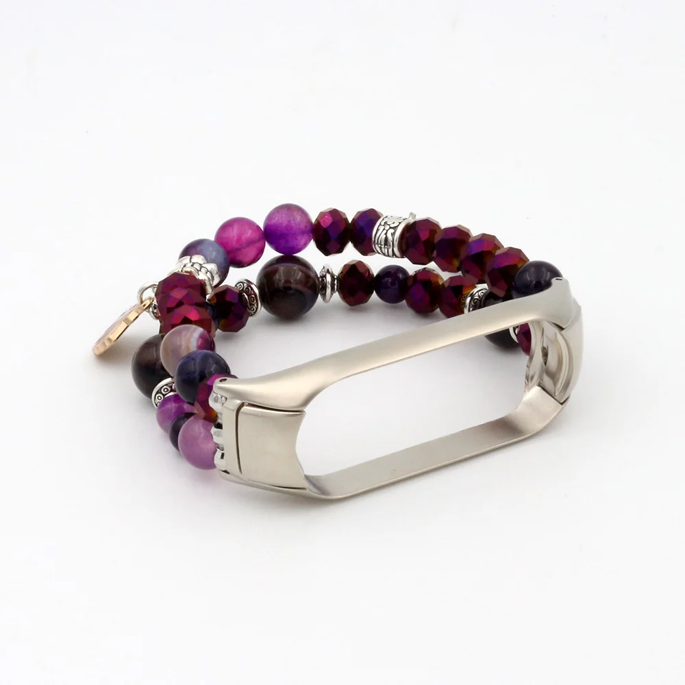 Agate Beaded Wristband for Xiaomi Mi Band 5 6 Miband 8 7 4 Watchband Replacement for Women Dressy Jewelry Watch Strap Purple