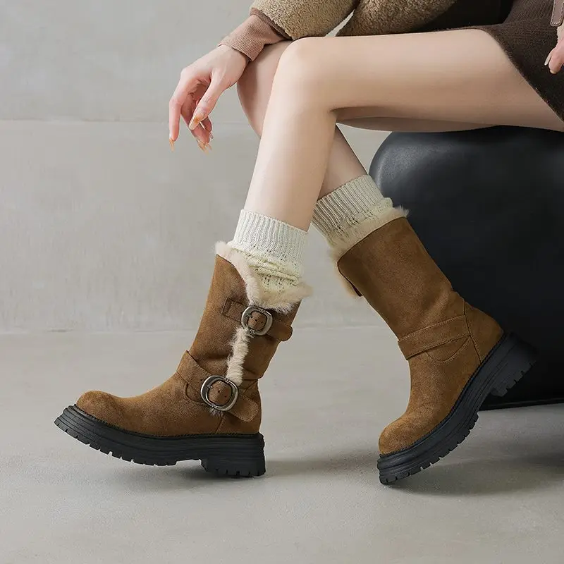 MORAZORA اليدوية الجديدة حذاء الثلج عالي الرقبة دافئ النساء سحب على مشبك منصة الشتاء الأحذية الرجعية البني الأسود حذاء من الجلد أحذية السيدات