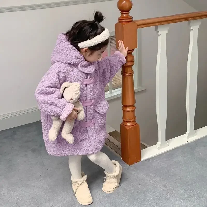 Girl Plush Jacket Lamb Wool Autumn and Winter Thickened and Trendy Mid Length Lamb Wool Hooded Coat Simple Purple