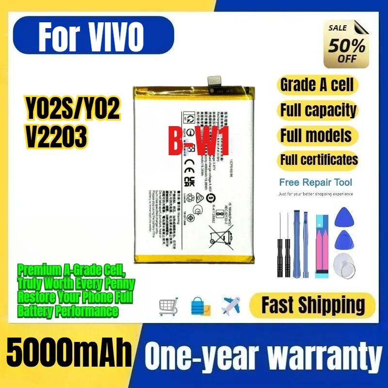 B-W1 for VIVO Y02S/Y02/V2203 Phone Battery 0 Cycle High Quality Capacity Battery Replacement Bateria Grade A Cell with Tools
