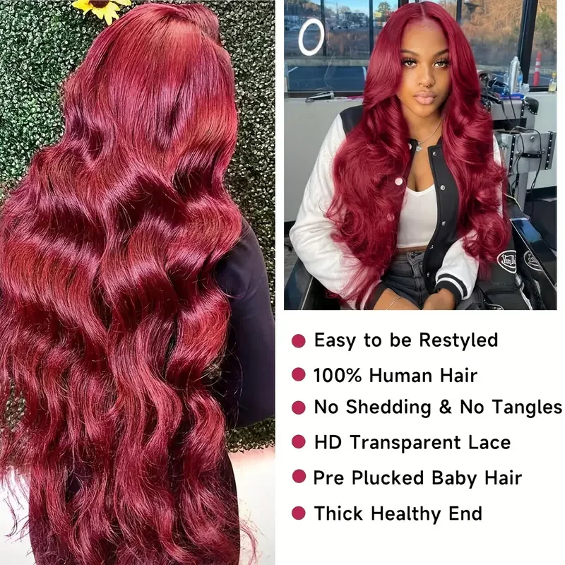 99J Burgundy Body Wave Wigs Pre Plucked 13x6 Lace Frontal Human Hair Wigs 200% Wine Red Lace Wigs For Women Colored Remy Wig