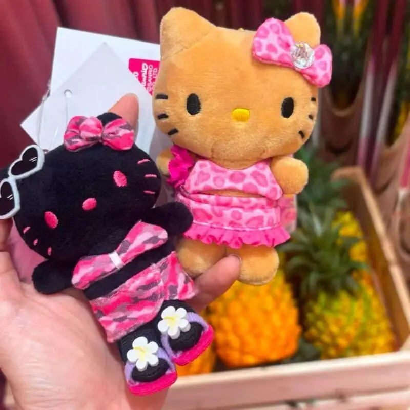 かわいい黒肌ハローキティビキニスカートぬいぐるみ人形、ヒョウ柄ハート型プリント、ジッパー装飾ぬいぐるみキーホルダー、女の子向けおもちゃギフト