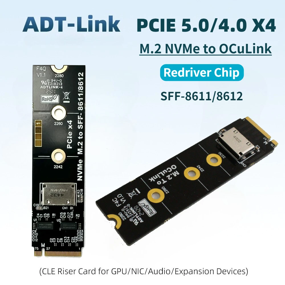 F4Q PCI-E 5.0 X4 External Graphics Cards EGPU M.2 Nvme To OCuLink SFF-8612 8611 Female Card Adapter W ReDriver Chip Gen5 Gen4 X4