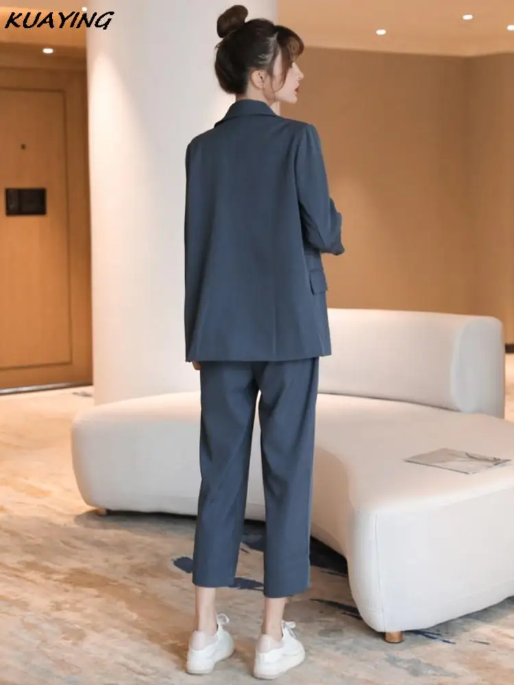 Women Elegant Blazer Slim Pencil Pantsuits Autumn Fashion Ankle-Length Solid Female Bussiness Work Clothes Two Piece Suit