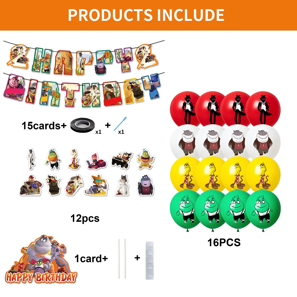 The Bad Guys Cartoon Birthday Decorations Set with Banner, Balloons & Cake Decor, Props for Kids Party Game