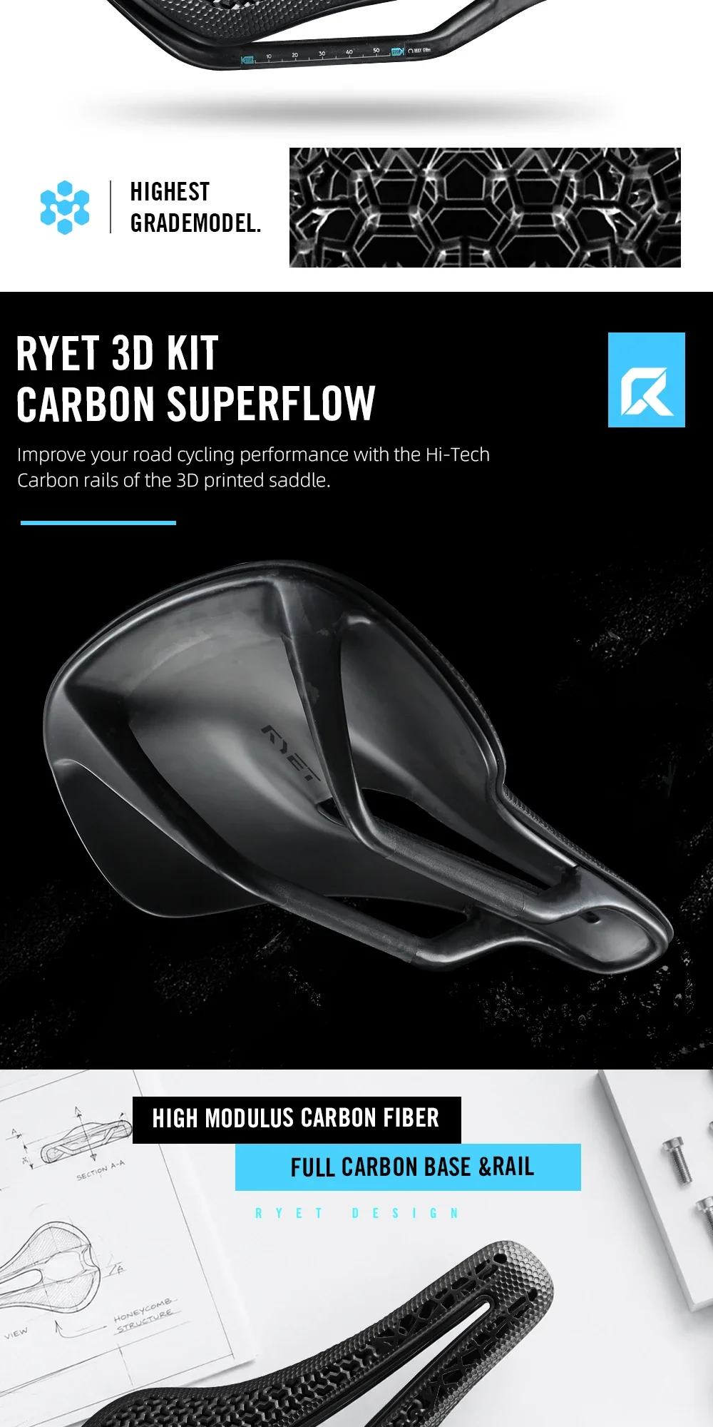2026 RYET K106S 3D-gedruckter/VCM Carbon Fahrradsattel 168g Ultraleicht T800 Schienen MTB Rennrad Gravel 240*145mm Fahrradsitz Fahrradteile – Detail 7