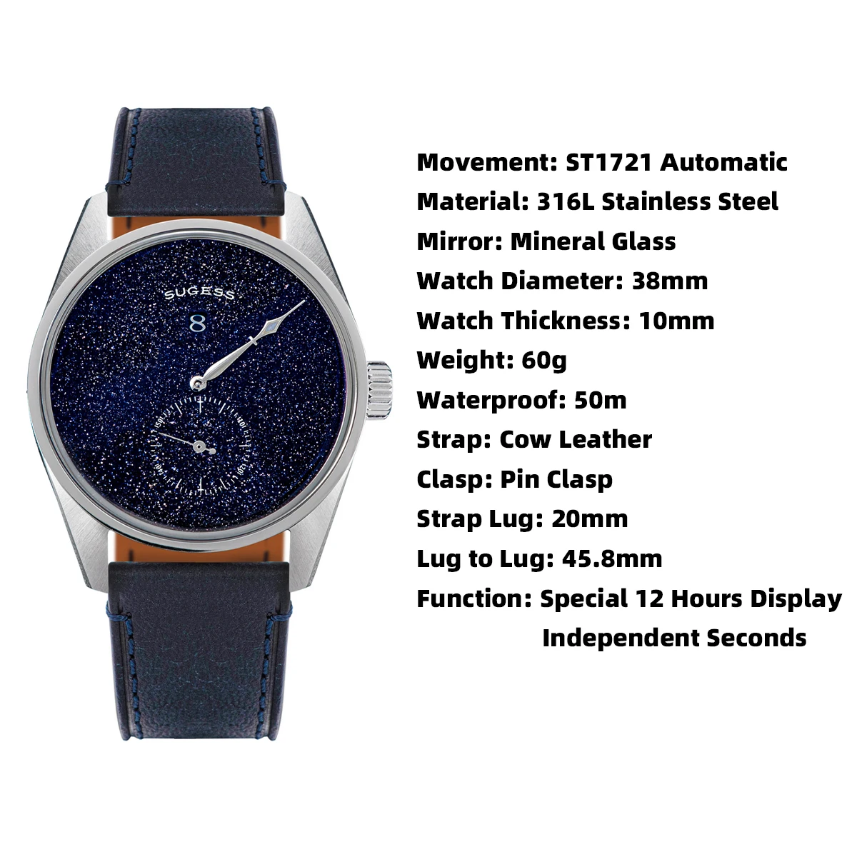 Sugess Mens Watch Automatic ST1721 Movement Aventurine Mechanical Wristwatches Hardlex Glass Fashion Simple Business Clock S451