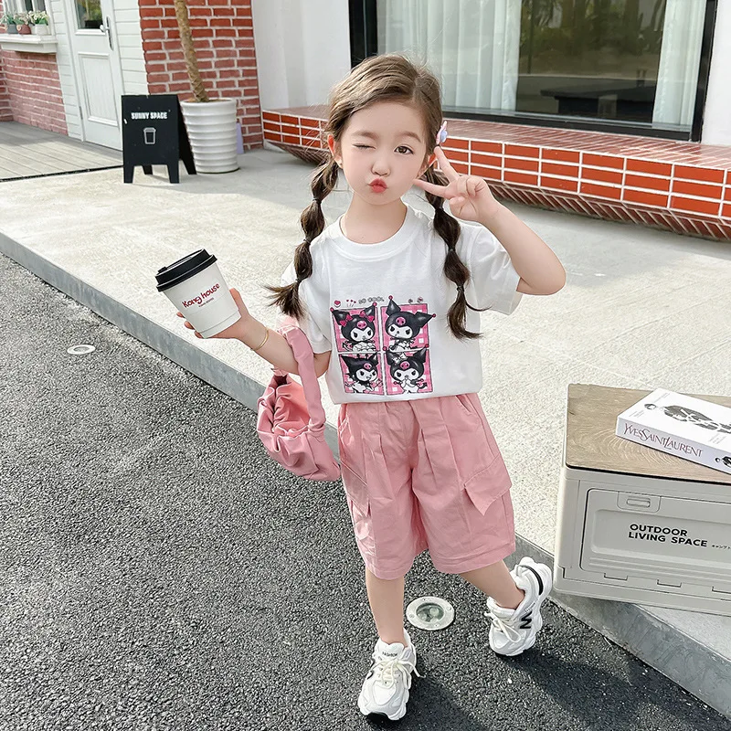 2Pcs Anime Sanrios Kuromi Children's Sports Suit Fashion Short Sleeve Shorts Two Piece Cartoon T-Shirt Summer Children's Clothes