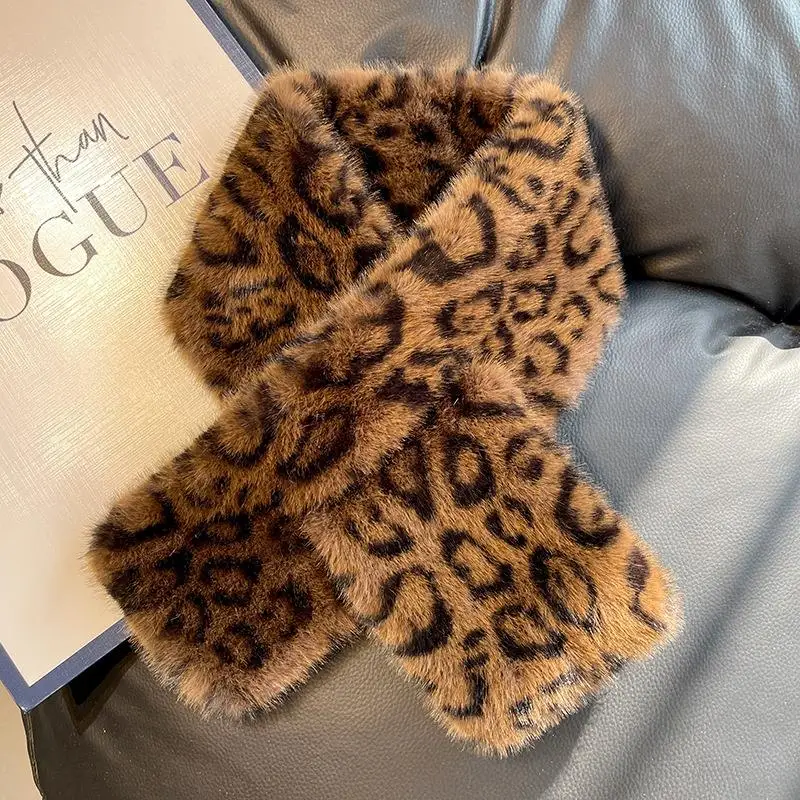 النساء ليوبارد طباعة أفخم وشاح الشتاء رشاقته الفراء عبر طوق وشاح في الهواء الطلق يندبروف فو الفراء والأوشحة لينة فروي الرقبة أدفأ